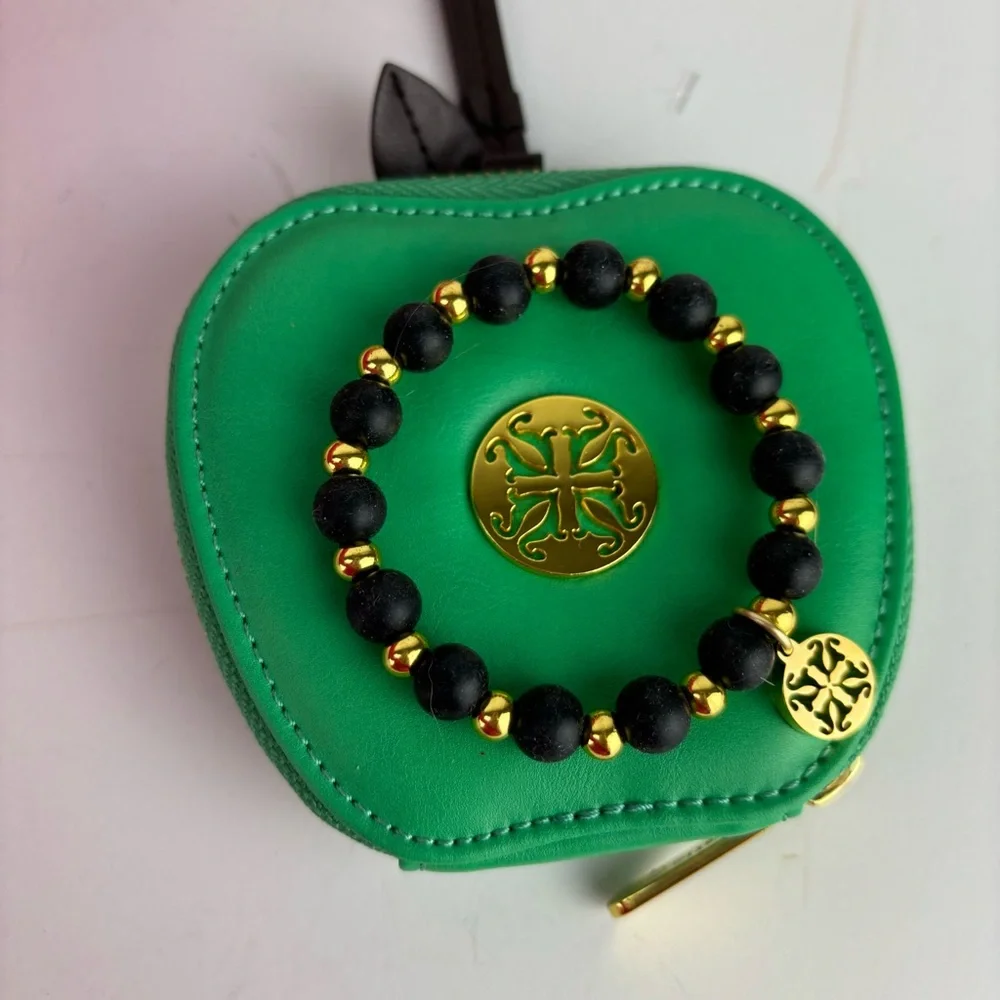 Rustic Cuff Girls stretch black bead bracelet & Erin Green Apple Wristlet